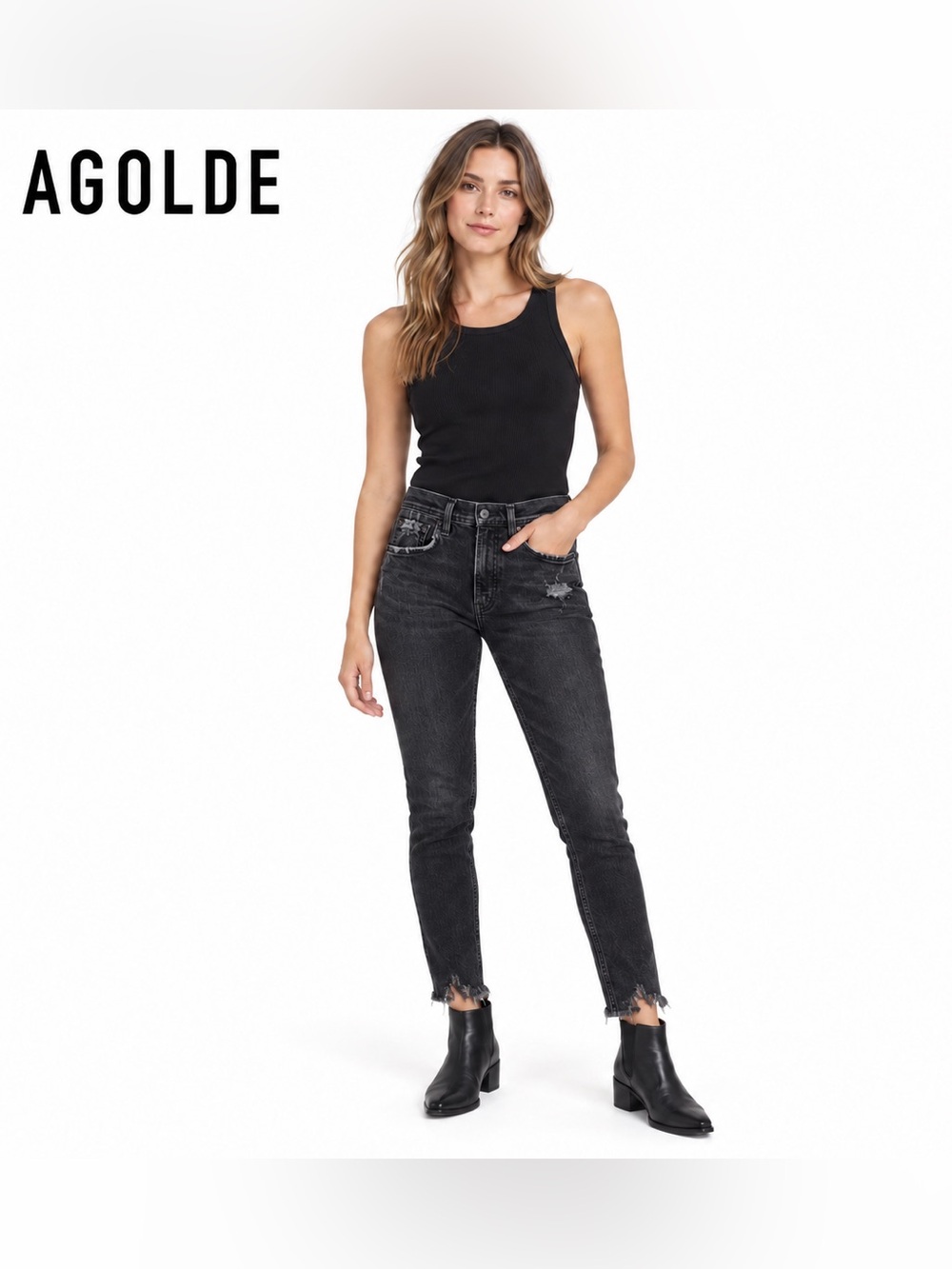 AGOLDE Size 26  feel good Black Distressed Skinny Ankle Jeans Chewed Raw Hem